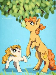 Size: 1536x2047 | Tagged: safe, artist:incendiaryboobs, pear butter, oc, earth pony, pony, female, filly, food, male, pear, stallion, younger