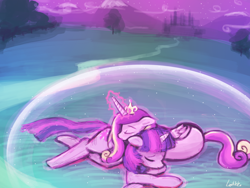 Size: 1920x1440 | Tagged: safe, artist:lumineko, princess cadance, twilight sparkle, alicorn, pony, unicorn, barrier, eyes closed, female, floppy ears, force field, injured, magic, mare, on side