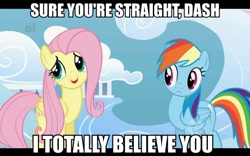 Size: 600x375 | Tagged: safe, screencap, fluttershy, rainbow dash, pegasus, pony, sonic rainboom (episode), caption, cloud, hub logo, image macro, meme, sarcastic