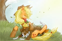 Size: 2000x1349 | Tagged: safe, artist:cruelseptember, applejack, winona, earth pony, pony, clothes, tree, windswept mane