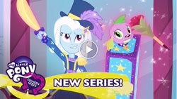 Size: 1280x720 | Tagged: safe, derpibooru import, screencap, spike, spike the regular dog, trixie, dog, better together, equestria girls, street magic with trixie, sword, weapon, youtube thumbnail