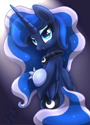 Size: 900x1240 | Tagged: safe, artist:joakaha, princess luna, alicorn, pony, female, looking at you, looking back, mare, sitting, solo