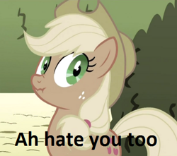 Size: 400x354 | Tagged: safe, applejack, earth pony, pony, liar face, liarjack, meme, scrunchy face, solo