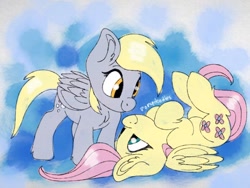 Size: 1024x768 | Tagged: safe, artist:incendiaryboobs, derpy hooves, fluttershy, pegasus, pony, abstract background, cute, cutie mark, derpabetes, derpyshy, ear fluff, female, folded wings, hooves to the chest, lesbian, looking at each other, on back, shipping, shyabetes, smiling, wings