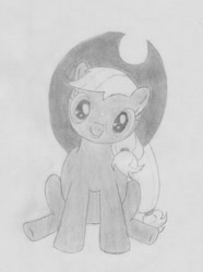 Size: 581x782 | Tagged: safe, artist:wolfie, artist:wolfie127, applejack, earth pony, pony, looking at you, monochrome, newbie artist training grounds, sitting, solo, traditional art