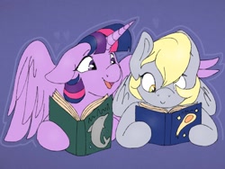 Size: 1024x768 | Tagged: safe, artist:incendiaryboobs, derpy hooves, twilight sparkle, twilight sparkle (alicorn), alicorn, pegasus, pony, book, cute, derpabetes, female, lesbian, mare, open mouth, prone, reading, shipping, twerpy, twiabetes