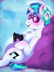 Size: 768x1024 | Tagged: safe, artist:incendiaryboobs, dj pon-3, vinyl scratch, pony, unicorn, beanbag chair, blushing, chest fluff, controller, cute, cutie mark, dualshock controller, female, gamer nerd, glasses, headphones, looking at you, mare, open mouth, smiling, solo, vinylbetes