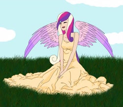 Size: 2612x2276 | Tagged: safe, artist:darkwoelfin, princess cadance, human, clothes, dress, eyes closed, grass, humanized, light skin, solo, winged humanization