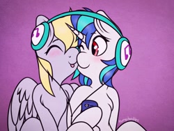 Size: 1024x768 | Tagged: safe, artist:incendiaryboobs, derpy hooves, dj pon-3, vinyl scratch, pegasus, pony, blushing, chest fluff, derpyscratch, eyes closed, female, headphones, lesbian, shipping, sitting, smiling