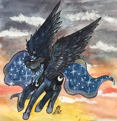 Size: 2711x2808 | Tagged: safe, artist:chupacabraprincess, princess luna, alicorn, pony, eyes closed, floppy ears, flying, smiling, solo, sunset, traditional art, twilight (astronomy)