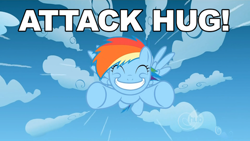 Size: 500x281 | Tagged: safe, screencap, rainbow dash, pegasus, pony, the cutie mark chronicles, attack hug, caption, female, filly, hug