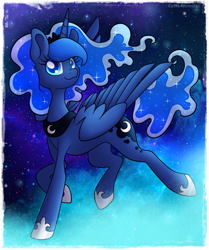 Size: 500x597 | Tagged: safe, artist:cutieanimals, princess luna, alicorn, pony, flying, solo, space, stars