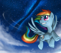 Size: 750x650 | Tagged: safe, artist:sanraia, rainbow dash, pegasus, pony, cloud, flying, night, night sky, sky