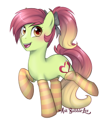 Size: 2146x2503 | Tagged: safe, artist:askbubblelee, oc, oc only, oc:artline, earth pony, pony, unicorn, art trade, blushing, bow, clothes, cute, female, hair bow, heart, looking at you, mare, open mouth, ponytail, raised hoof, raised leg, simple background, smiling, socks, stockings, striped socks, thigh highs, transparent background, wingding eyes