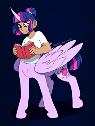 Size: 1536x2047 | Tagged: safe, artist:incendiaryboobs, twilight sparkle, twilight sparkle (alicorn), alicorn, centaur, book, cutie mark, folded wings, reading, smiling, solo, wings