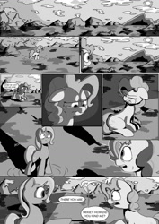 Size: 1024x1449 | Tagged: safe, artist:kingpincc, derpibooru import, part of a series, pinkie pie, trixie, earth pony, pony, unicorn, scootertrix the abridged, boulder, cloud, comic, crying, dialogue, duo, duo female, female, implied discord, mare, monochrome, open mouth, rock, sad, scootertrix the abridged: the movie, sun, surprised, sweat, sweatdrop, teleportation, wavy mouth