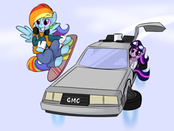 Size: 4000x3000 | Tagged: safe, artist:kloudmutt, rainbow dash, twilight sparkle, pegasus, pony, back to the future, car, delorean, flying car, parody