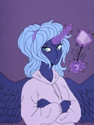 Size: 1536x2048 | Tagged: safe, artist:incendiaryboobs, princess luna, alicorn, human, glowing horn, horn, horned humanization, humanized, looking at you, solo