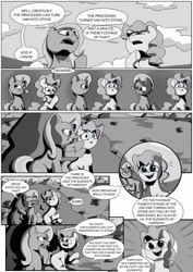 Size: 1024x1449 | Tagged: safe, artist:kingpincc, derpibooru import, part of a series, part of a set, pinkie pie, trixie, earth pony, pony, unicorn, scootertrix the abridged, black and white, boulder, cloud, comic, dialogue, duo, duo female, female, grayscale, happy, implied discord, mare, monochrome, open mouth, partial color, scootertrix the abridged: the movie, smiling, wingding eyes