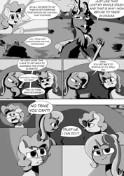 Size: 1024x1449 | Tagged: safe, artist:kingpincc, derpibooru import, part of a series, part of a set, discord, pinkie pie, trixie, draconequus, earth pony, pony, unicorn, scootertrix the abridged, comic, fear, gritted teeth, monochrome, scared, scootertrix the abridged: the movie, smiling