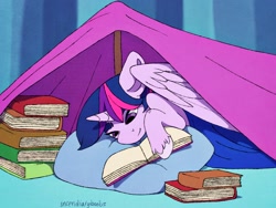 Size: 2048x1536 | Tagged: safe, artist:incendiaryboobs, twilight sparkle, twilight sparkle (alicorn), alicorn, pony, book, female, floppy ears, fort, pillow, reading, smiling, solo, unshorn fetlocks