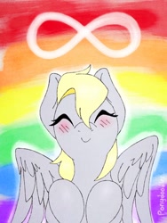 Size: 768x1024 | Tagged: safe, artist:incendiaryboobs, derpy hooves, pegasus, pony, autism, blushing, female, infinity, mare, pride flag, rainbow background, smiling, solo