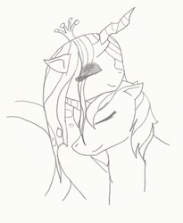 Size: 931x1135 | Tagged: safe, artist:creamecream, queen chrysalis, shining armor, changeling, changeling queen, pony, unicorn, female, love, male, monochrome, neck nuzzle, nuzzling, shining chrysalis, shipping, smiling, straight, traditional art