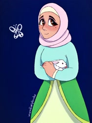 Size: 1536x2047 | Tagged: safe, artist:incendiaryboobs, fluttershy, human, rabbit, animal, blue background, blushing, brown eyes, clothes, female, hijab, humanized, islam, islamashy, looking at you, male, religion, simple background, solo, wrong eye color