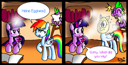 Size: 752x384 | Tagged: safe, artist:neoncabaret, rainbow dash, spike, twilight sparkle, dragon, pegasus, pony, comic, egghead, pun