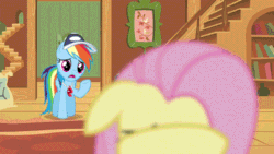 Size: 400x225 | Tagged: safe, screencap, fluttershy, rainbow dash, pegasus, pony, hurricane fluttershy, animated, duo, floppy ears, fluttershy's cottage, solo focus