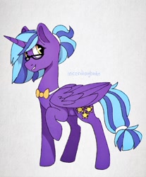 Size: 1527x1843 | Tagged: safe, artist:incendiaryboobs, oc, oc:princess evening light, alicorn, pony, bowtie, glasses, looking at you, magical lesbian spawn, offspring, parent:princess luna, parent:twilight sparkle, parents:twiluna, raised hoof, simple background, smiling, solo, tail wrap, white background