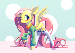 Size: 2026x1427 | Tagged: safe, artist:unousaya, fluttershy, pegasus, pony, blushing, clothes, cute, female, high heels, looking sideways, mare, raised hoof, shoes, shyabetes, solo, spread wings, stockings, thigh highs, wings