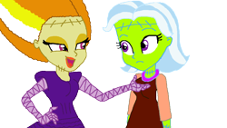 Size: 975x549 | Tagged: safe, artist:ktd1993, derpibooru import, adagio dazzle, trixie, equestria girls, bride of frankenstein, clothes, cosplay, costume, female, frankenstein, frankenstein's monster, lesbian, shipping, triagio