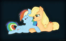 Size: 1801x1127 | Tagged: safe, artist:turretwifeserenade, applejack, rainbow dash, earth pony, pegasus, pony, appledash, female, lesbian, prone, rain, shipping