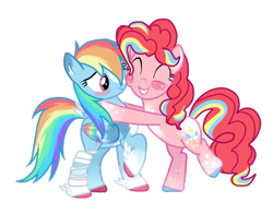 Size: 867x643 | Tagged: safe, artist:incendiaryboobs, pinkie pie, rainbow dash, earth pony, pegasus, pony, alternate hairstyle, bandage, bipedal, blushing, coat markings, cute, eyes closed, female, freckles, lesbian, mare, pinkiedash, raised hoof, raised leg, redesign, shipping, simple background, transparent background, unshorn fetlocks