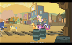 Size: 960x600 | Tagged: safe, screencap, applejack, berry punch, berryshine, doctor whooves, fluttershy, goldengrape, rarity, sir colton vines iii, earth pony, pegasus, pony, unicorn, over a barrel, appleloosa, youtube caption