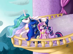 Size: 3564x2632 | Tagged: safe, artist:dari-draws, princess cadance, princess celestia, princess luna, twilight sparkle, twilight sparkle (alicorn), alicorn, pony, princess twilight sparkle (episode), twilight's kingdom, alicorn tetrarchy, balcony, female, mare, raised hoof, size difference, smiling, spread wings