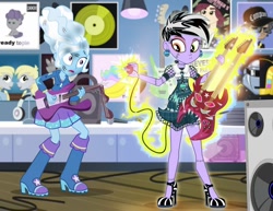 Size: 1000x773 | Tagged: safe, artist:pixelkitties, derpibooru import, maud pie, trixie, equestria girls, alternate hairstyle, boots, bride of frankenstein, ear piercing, earring, electric guitar, electricity, frankie stein, guitar, high heels, jewelry, monster high, musical instrument, necktie, piercing, shoes