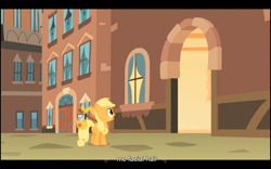 Size: 1024x640 | Tagged: safe, screencap, applejack, earth pony, pony, the cutie mark chronicles, bindle, filly, solo, youtube caption