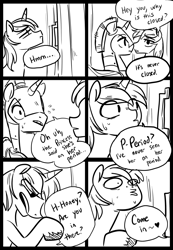 Size: 1280x1852 | Tagged: safe, artist:glacierclear, princess cadance, shining armor, alicorn, pony, unicorn, comic, dialogue, monochrome, princess bitchdance, royal guard, speech bubble