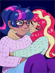 Size: 1536x2047 | Tagged: safe, artist:incendiaryboobs, sci-twi, sunset shimmer, twilight sparkle, human, clothes, digital art, female, glasses, humanized, lesbian, scitwishimmer, shipping, smiling, sunsetsparkle