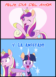 Size: 1501x2024 | Tagged: safe, artist:hidden-cat, princess cadance, twilight sparkle, alicorn, pony, :d, comic, friendship, love, spanish, translated in the comments, wink