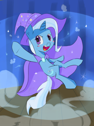 Size: 1800x2400 | Tagged: safe, artist:chaosmalefic, derpibooru import, trixie, pony, unicorn, blushing, female, mare, solo, sparkles, stage