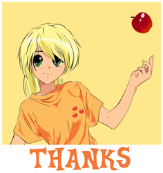 Size: 9462x10022 | Tagged: safe, artist:up1ter, applejack, absurd resolution, anime, apple, blonde, food, grin, hatless, humanized, missing accessory, obligatory apple, simple background, smiling, solo, style emulation, vector