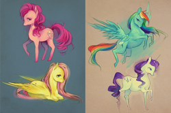 Size: 1018x676 | Tagged: safe, artist:faelicia, fluttershy, pinkie pie, rainbow dash, rarity, earth pony, pegasus, pony, unicorn, no more ponies at source