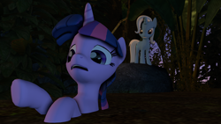 Size: 3840x2160 | Tagged: safe, artist:legoguy9875, derpibooru import, trixie, twilight sparkle, unicorn twilight, pony, unicorn, 3d, female, frown, glare, grin, jungle, mare, open mouth, quicksand, smiling, smirk, stuck, underhoof, worried