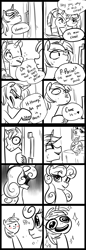 Size: 1280x3704 | Tagged: safe, artist:glacierclear, princess cadance, shining armor, alicorn, pony, unicorn, armor, blushing, comic, dialogue, helmet, monochrome, neo noir, open mouth, partial color, princess bitchdance, royal guard, speech bubble, wide eyes