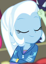 Size: 290x400 | Tagged: safe, derpibooru import, screencap, trixie, better together, choose your own ending, equestria girls, sock it to me, sock it to me: trixie, cropped, cute, diatrixes, eyes closed, female, smug, solo