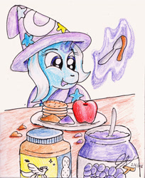 Size: 2125x2606 | Tagged: safe, artist:heromewtwo, derpibooru import, trixie, pony, unicorn, apple, crackers, female, filly, food, jelly, mare, peanut butter, peanut butter crackers, redrawn, snacks, solo