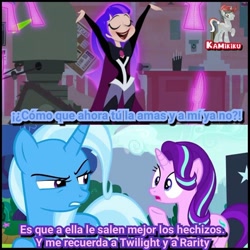 Size: 960x960 | Tagged: safe, derpibooru import, edit, edited screencap, screencap, starlight glimmer, trixie, pony, unicorn, dc superhero girls, spanish, zatanna